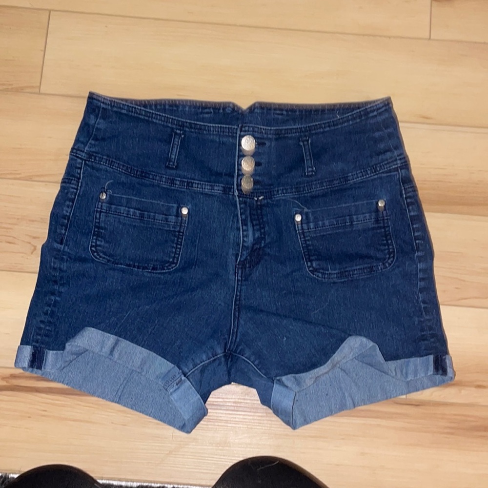 Reign high waisted triple button blue Jean shorts
